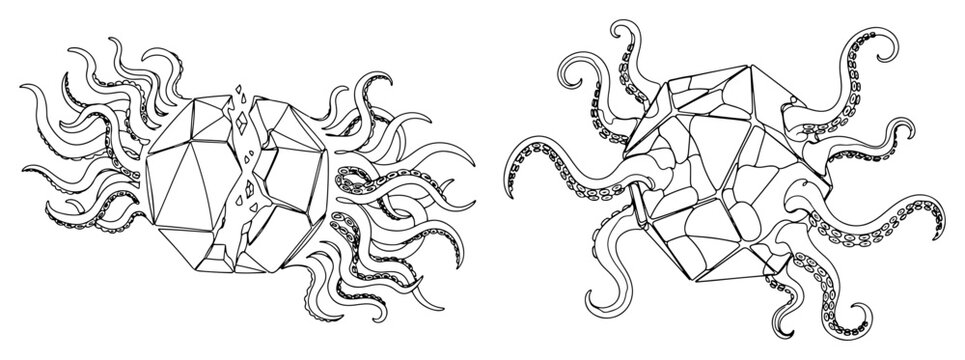 Cracked sphere with octopus tentacles emerging in detailed line art style