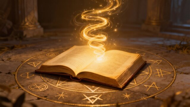 Open book with glowing spiral light