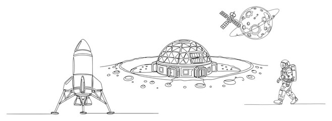 Space exploration scene with astronaut rocket and habitat continuous line drawing minimalist style © Aurora