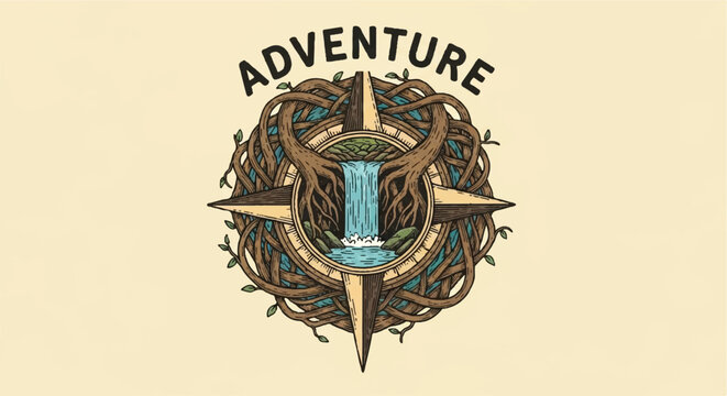 Adventure compass emblem featuring a central waterfall and intertwined tree roots.