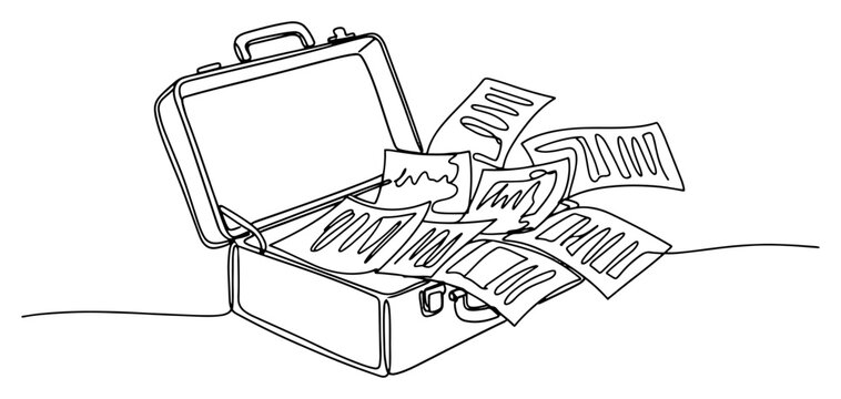 Open briefcase with flying documents and business papers continuous line art style