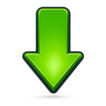 Green Down Arrow: A vibrant green arrow points downwards, symbolising direction, download, or a negative trend, rendered with a glossy, 3D effect.Glossy 3D green circle button set featuring vector arr