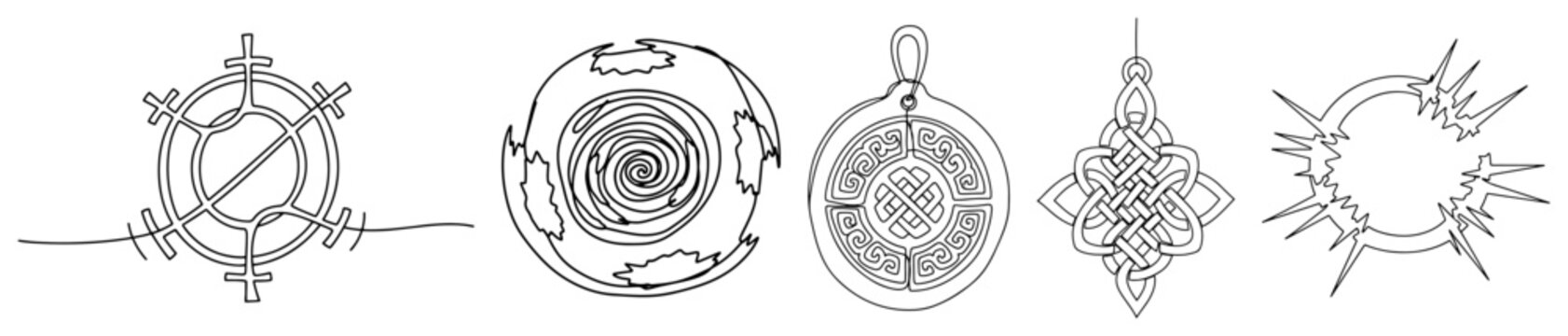 Collection of mystical symbols celtic knots and spiritual talismans in line art style