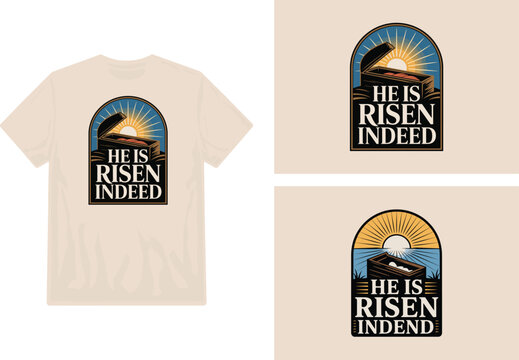He is risen indeed graphic on t shirt mockup vintage style illustration