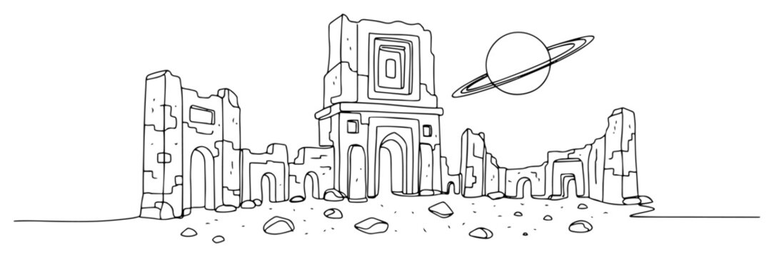 Alien planet landscape with ancient ruins and ringed planet in minimalist line art style