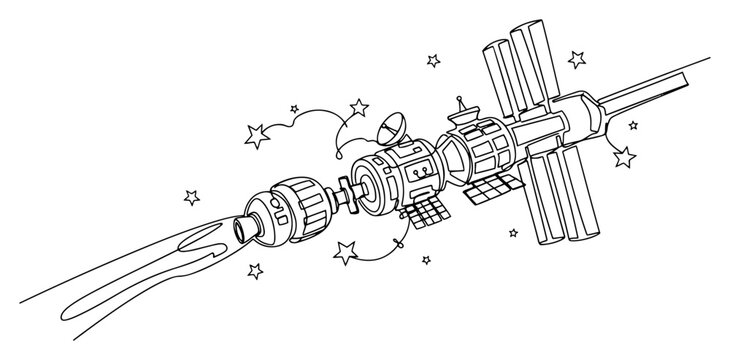 Space station with solar panels and modular sections in minimalist line art style