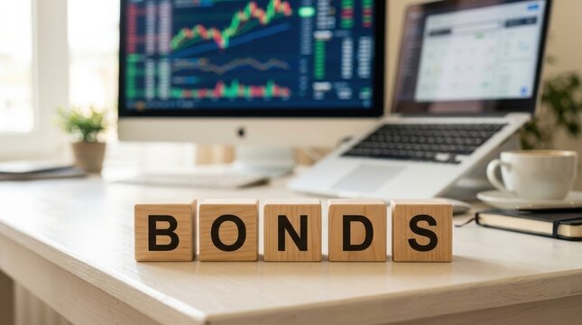 Wooden blocks spelling bonds on a desk with financial charts