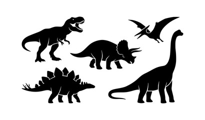 Dinosaur Silhouette Vector Illustration Set: Black Icons of Tyrannosaurus Rex, Triceratops, Stegosaurus, Brachiosaurus, and Pterodactyl Isolated on White Background. © MdSuzan