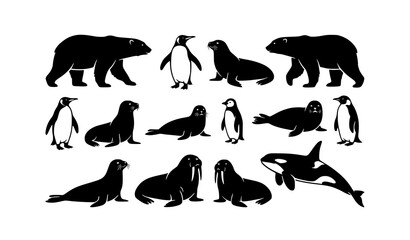 Arctic and Antarctic Wildlife Vector Illustration Set: Black and White Icons of Polar Bears, Penguins, Seals, Walruses, and Killer Whale Isolated on White Background. © MdSuzan
