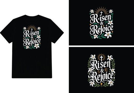 Risen and Rejoice lettering with floral elements vector illustration