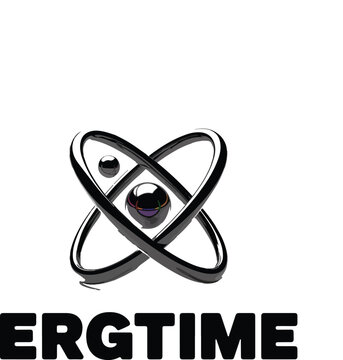 Glossy black atom symbol with orbital rings and central nucleus on light background for scientific concepts.