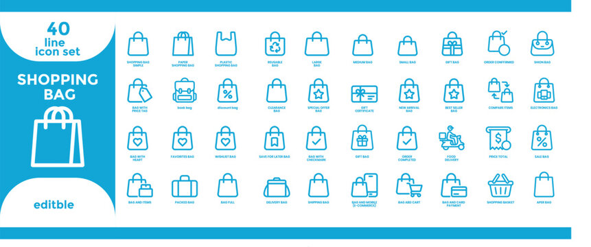 Shopping bag icon set 40 line icons for e commerce and retail