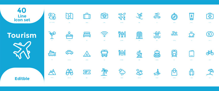 Tourism icon set travel transportation accommodation and leisure graphics