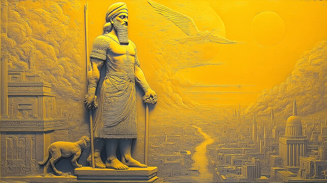 Sumerian god king relief and ancient cityscape in yellow