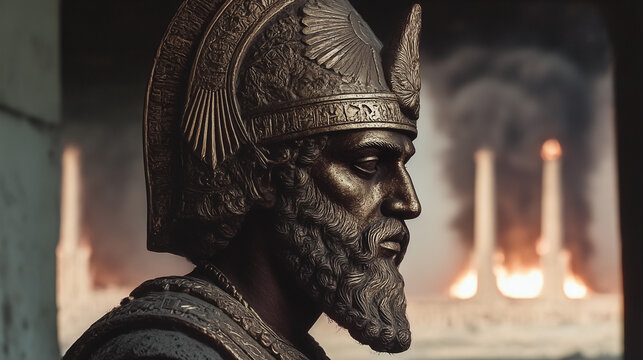Bronze bust of Sumerian god king bearded warrior with headdress