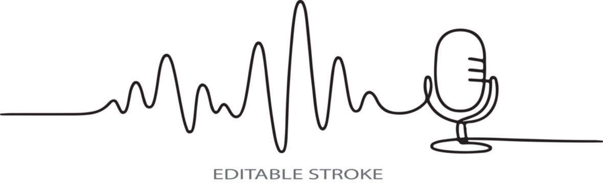 Continuous one line sound wave audio icon vector illustration for podcast voice recording design.