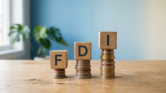 Wooden blocks spelling fdi on top of stacks of coins representing foreign direct investment growth
