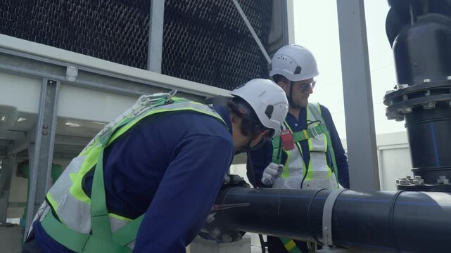 Engineer maintenance hvac cooling tower inspection valve pipe safety helmet support, careful work under clear day, two technicians adjusting valve and actuator on pipe for safe efficient operation