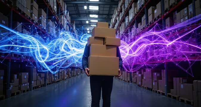 Online seller carrying stack of cardboard boxes in warehouse. Dynamic network of light trails in azure and deep purple, forming a complex technological web.
