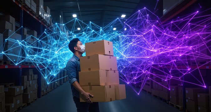 Online seller carrying stack of cardboard boxes in warehouse. Dynamic network of light trails in azure and deep purple, forming a complex technological web.
