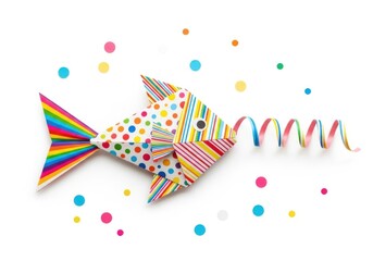 Obraz premium Colorful Origami Fish with Rainbow Tail and Confetti on White Background