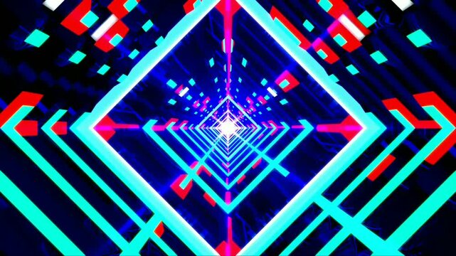 Seamless loop background of a futuristic digital tunnel with glowing neon cyan and red lines forming geometric square patterns. Perfect for concert visuals, stage backdrops, or music videos