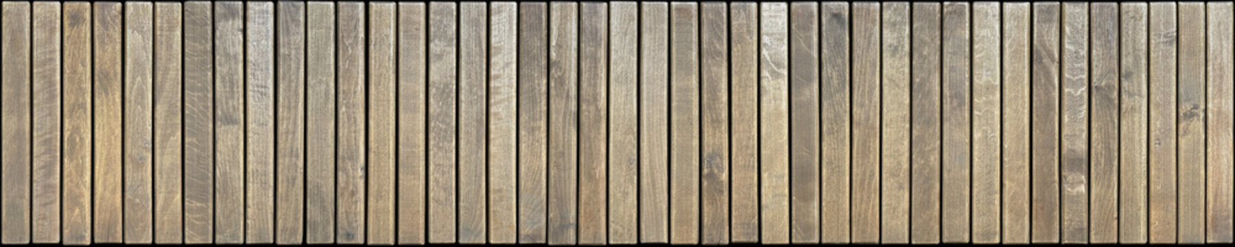 A panoramic texture of vertical wooden slats with a pronounced natural wood grain. The wide horizontal format and rhythmic pattern are ideal for creating seamless backgrounds