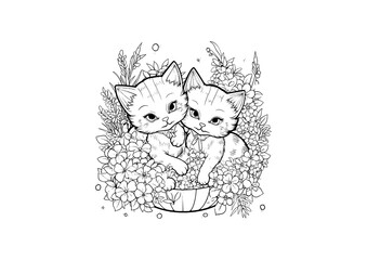 Cute kittens, kitten illustration, black and white, floral background © M Yusril Hadi