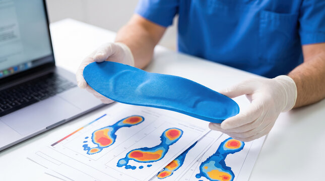 A podiatrist examines a blue orthotic insole while looking at foot scan results on a computer. The scene takes place in a clinic during a patient visit