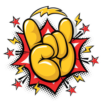 Devil horn gesture sign in comic style. Rock and roll, Hard rock , fan culture, hand gesturing concept. Vector on transparent background