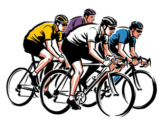 Fototapeta premium Cycling race vector illustration. Group of professional cyclists on road bikes. Athletic competition and speed concept. Sports marathon design.