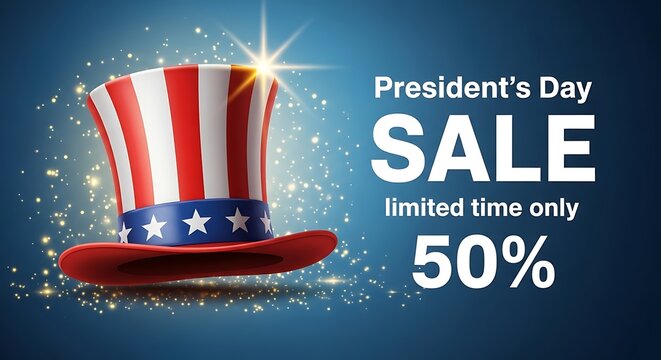 President's day sale 50 off promotion with patriotic uncle sam hat graphic