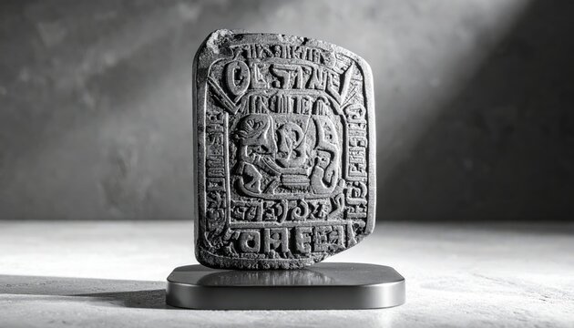 Ancient Olmec Obsidian Tablet with Intricate Script and Relief Carving Displayed on a Modern Pedestal, Showcasing Mesoamerican History and Artistry