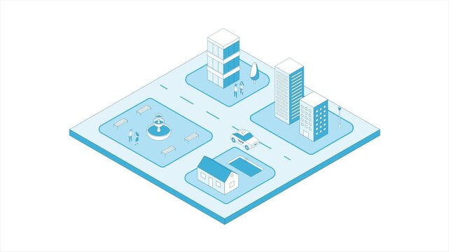 Isometric outline city stroke. Outline buildings architecture. View of the city with road, park, buildings and houses.