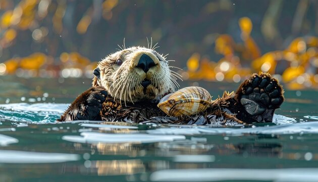 Playful sea otter floats on its back with a cracked open clam shell in the water, showcasing its unique feeding habits.