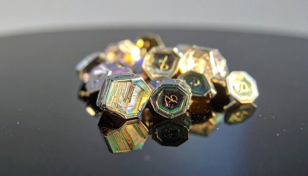 Small iridescent beryllium crystals showcasing their hexagonal structure and metallic sheen