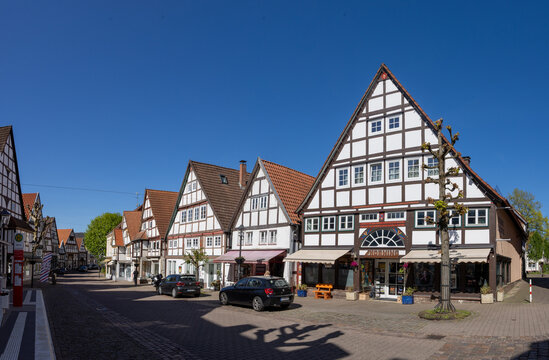 view of historic half timbered houses of Blomberg at main street, Germany