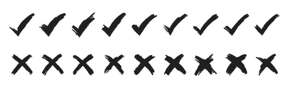 Check tick mark icon set. Set of hand drawn check mark, cross and black background. Checklist symbols including right and wrong signs in brush marker style. Vector illustration