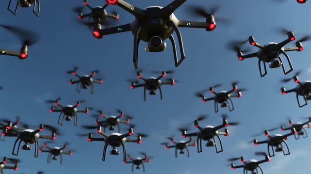 Swarm of black quadcopter drones with red lights flying against a blue sky, dramatic depth and motion blur