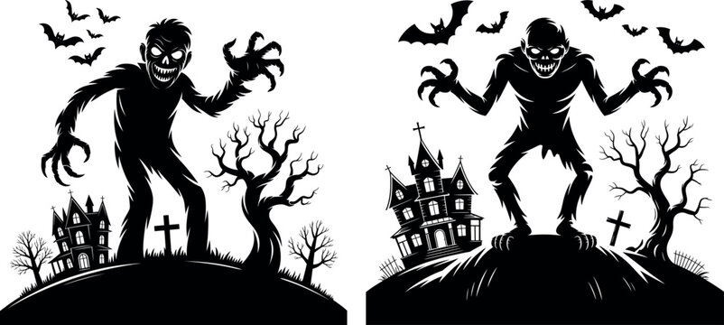 Spooky zombie halloween scene silhouettes with bats and haunted houses haunted house trick or treat halloween creature silhouette graveyard