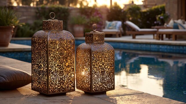 Ornate Moroccan-style lanterns illuminate a poolside patio at sunset, creating a luxurious and serene evening ambiance.