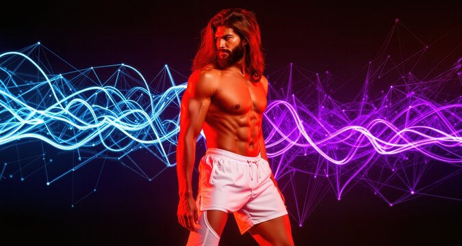 Handsome Male Model with Fit Physique, Long Hair, and Beard Strikes a Pose in White Athletic Attire under Red Lights - Horizontal View. Dynamic network of light trails in azure and deep purple, formin