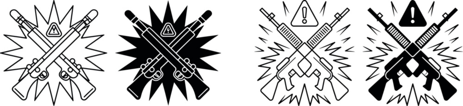 Crossed assault rifles with explosive bursts and caution signs symbolizing danger and conflict danger sign weapon icon gun icon violence icon