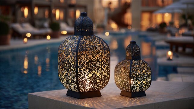 Elegant ornate illuminated lanterns casting patterns by a luxurious resort swimming pool at twilight, creating a warm evening ambiance.
