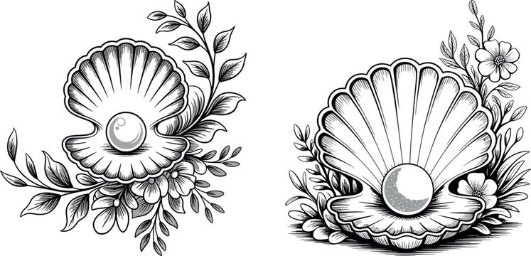 Ornate shell and pearl decorative elements vintage style black and white seashell decoration botanical illustration