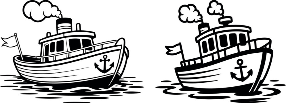 Two cartoon tugboats with smoke stacks emitting steam symbolizing maritime transport and industry transport maritime industry illustration