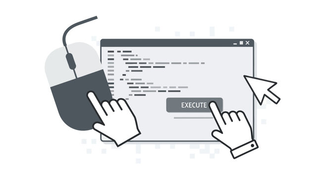 Hands Clicking Execute Button on Computer Screen with Code and Mouse