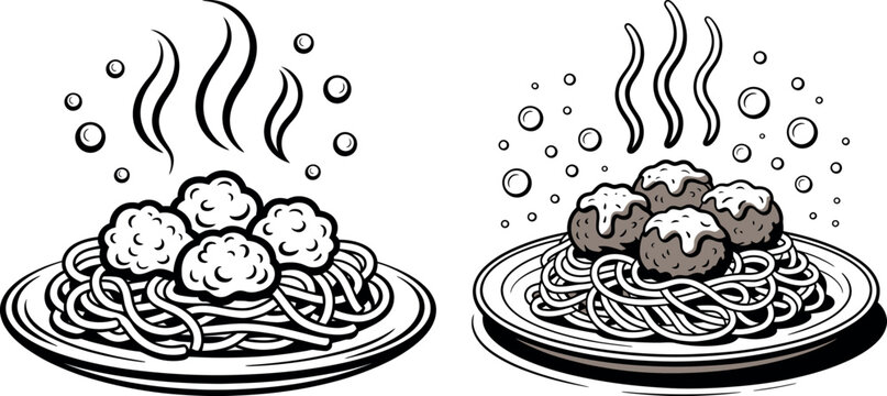 Plates of spaghetti with meatballs depicted with steam rising to show they are hot and delicious comfort food home cooking spaghetti meatballs