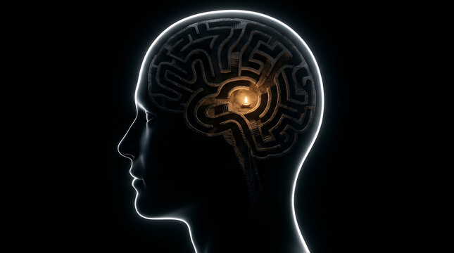 Human profile silhouette features a glowing labyrinth inside the brain structure to depict the challenge of navigating complex thoughts and the search for solutions within the deep human intellect.