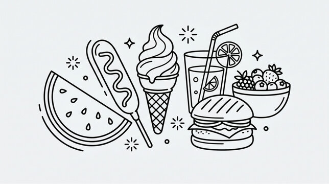 Minimalist fast food and summer snacks doodle vector illustration.